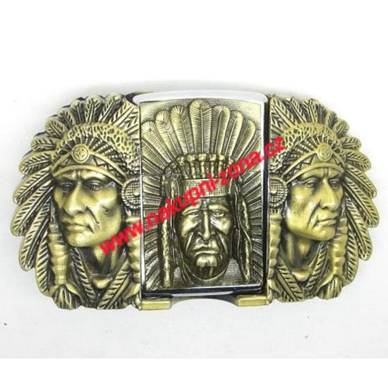 Opasková přezka - Indiáni se zapalovačem zlatavá - Kliknutím na obrázek zavřete