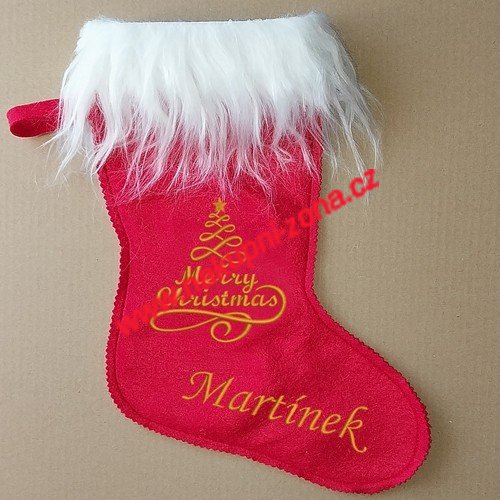 Vánoční mikulášská punčocha Merry Christmas s výšivkou jména červená - Kliknutím na obrázek zavřete