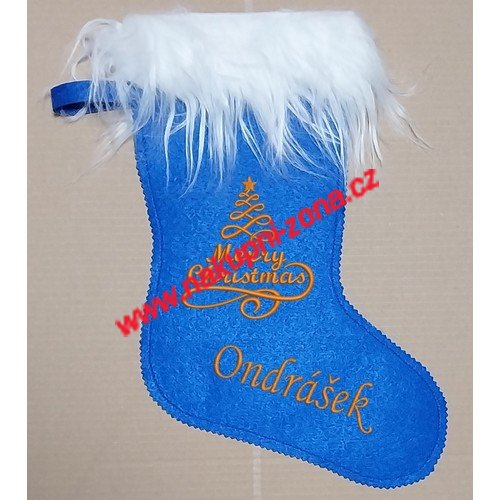 Vánoční mikulášská punčocha Merry Christmas s výšivkou jména modrá - Kliknutím na obrázek zavřete