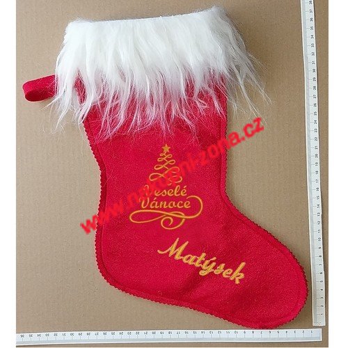Vánoční mikulášská punčocha Veselé Vánoce s výšivkou jména červená - Kliknutím na obrázek zavřete