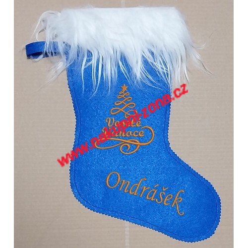 Vánoční mikulášská punčocha Veselé Vánoce s výšivkou jména modrá - Kliknutím na obrázek zavřete